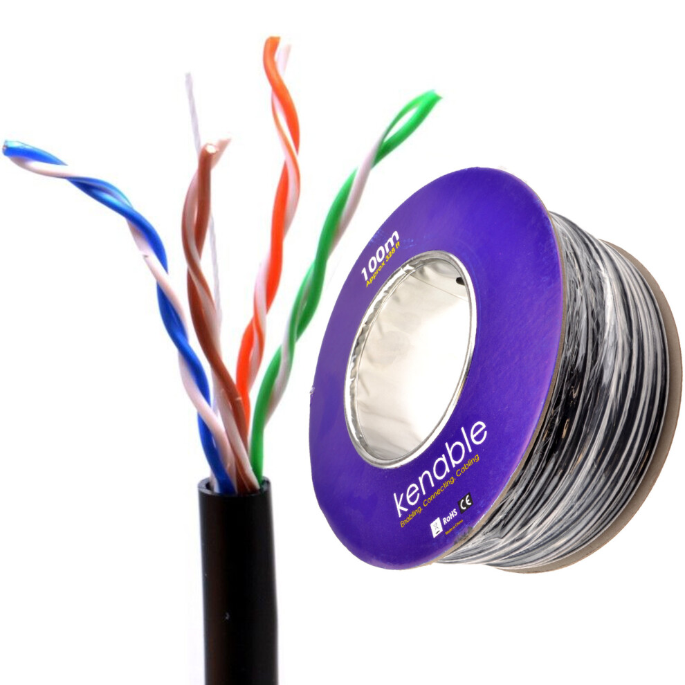Kenable External Cat5e Outdoor Use Copper Ethernet Network Cable Reel Utp 100M Black