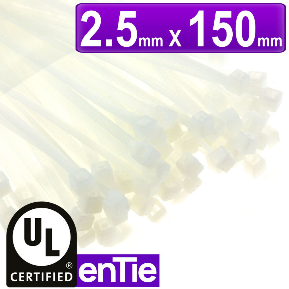 enTie Natural White Cable Ties 2.5mm x 150mm Nylon 66 UL Approved [100 Pack]