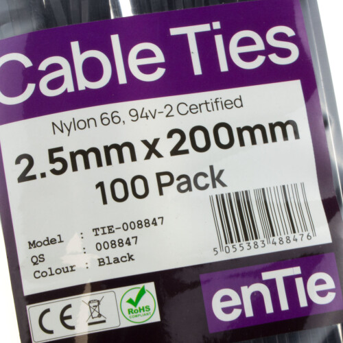kenable enTie Black Cable Ties 2.5mm x 200mm Nylon 66 UL 94V-2 Approved 100 Pack Code 8847 1