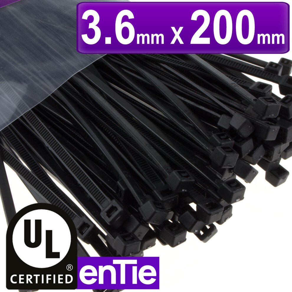 enTie Black Cable Ties 3.6mm x 200mm Nylon 66 UL Approved [100 Pack]