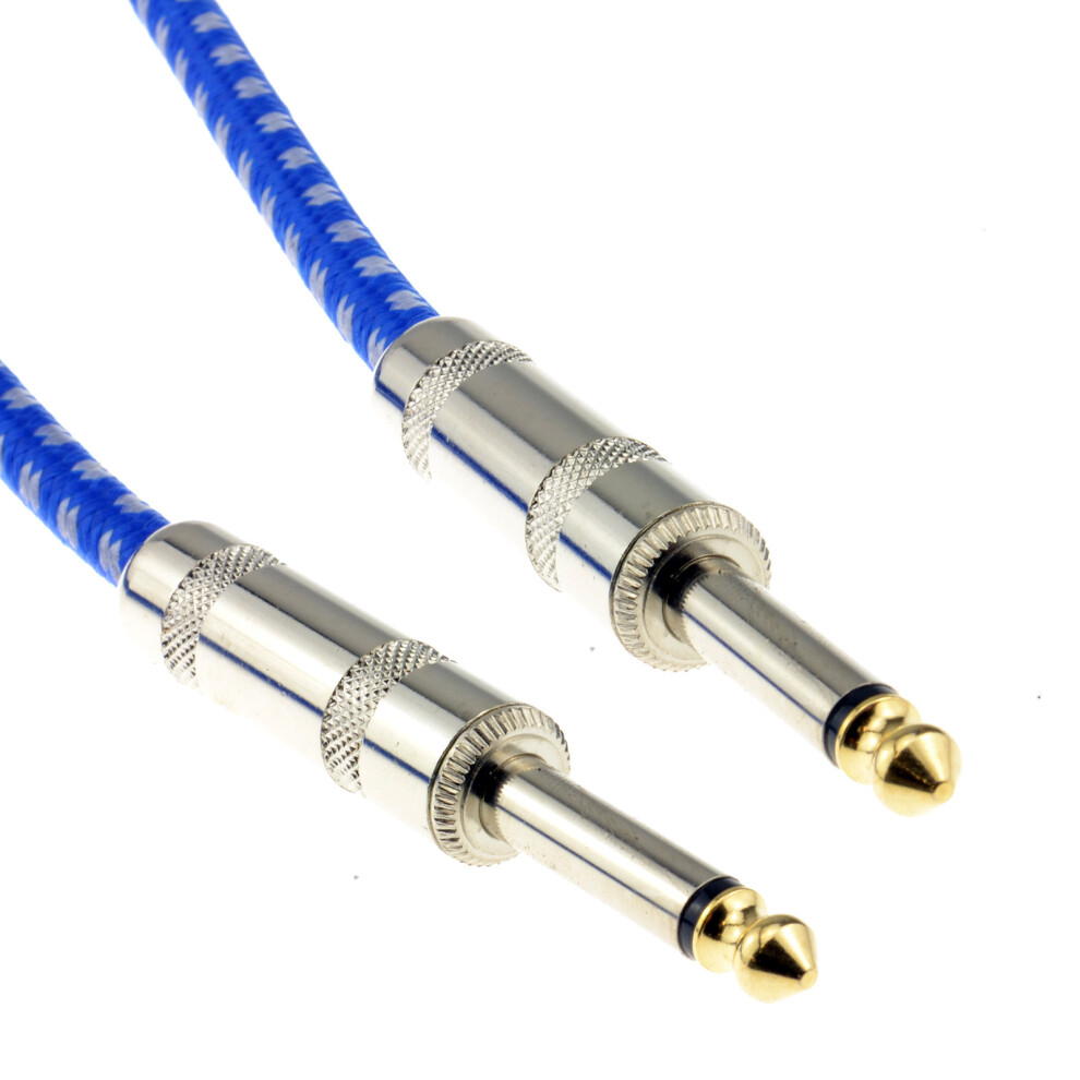 kenable 6.35mm Mono Braided Instrument Cable Blue & White Guitar Audio Lead 3m