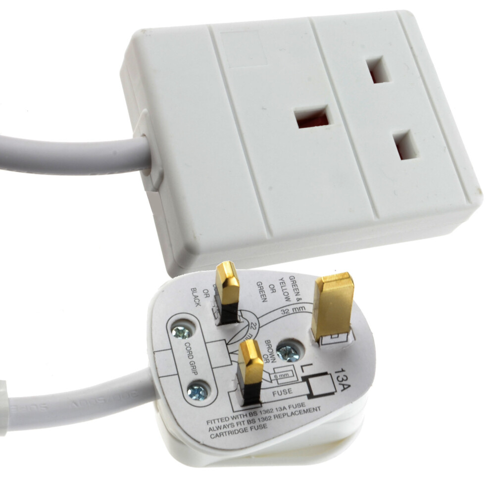 kenable 1 Gang Single Way UK 13A Mains Power Socket Extension Lead White  3m