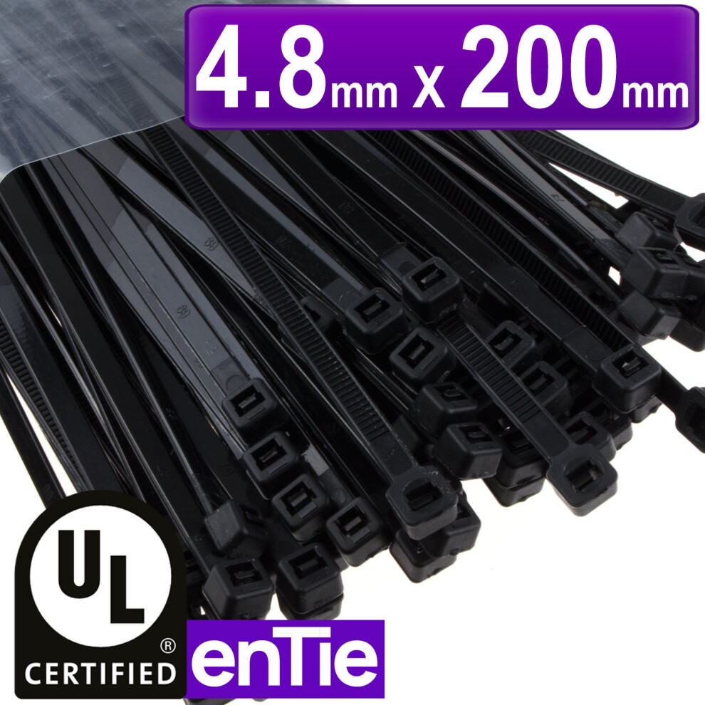 enTie Black Cable Ties 4.8mm X 200mm Nylon 66 UL Approved [100 Pack]