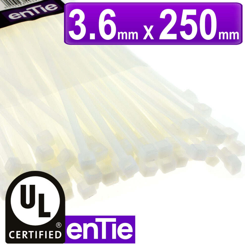 enTie Natural White Cable Ties 3.6mm x 250mm Nylon 66 UL Approved [100 Pack]