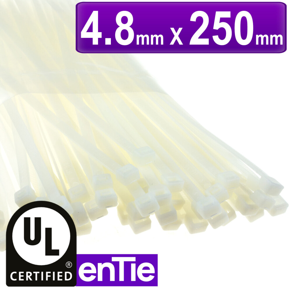 enTie Natural White Cable Ties 4.8mm x 250mm Nylon 66 UL Approved [100 Pack]