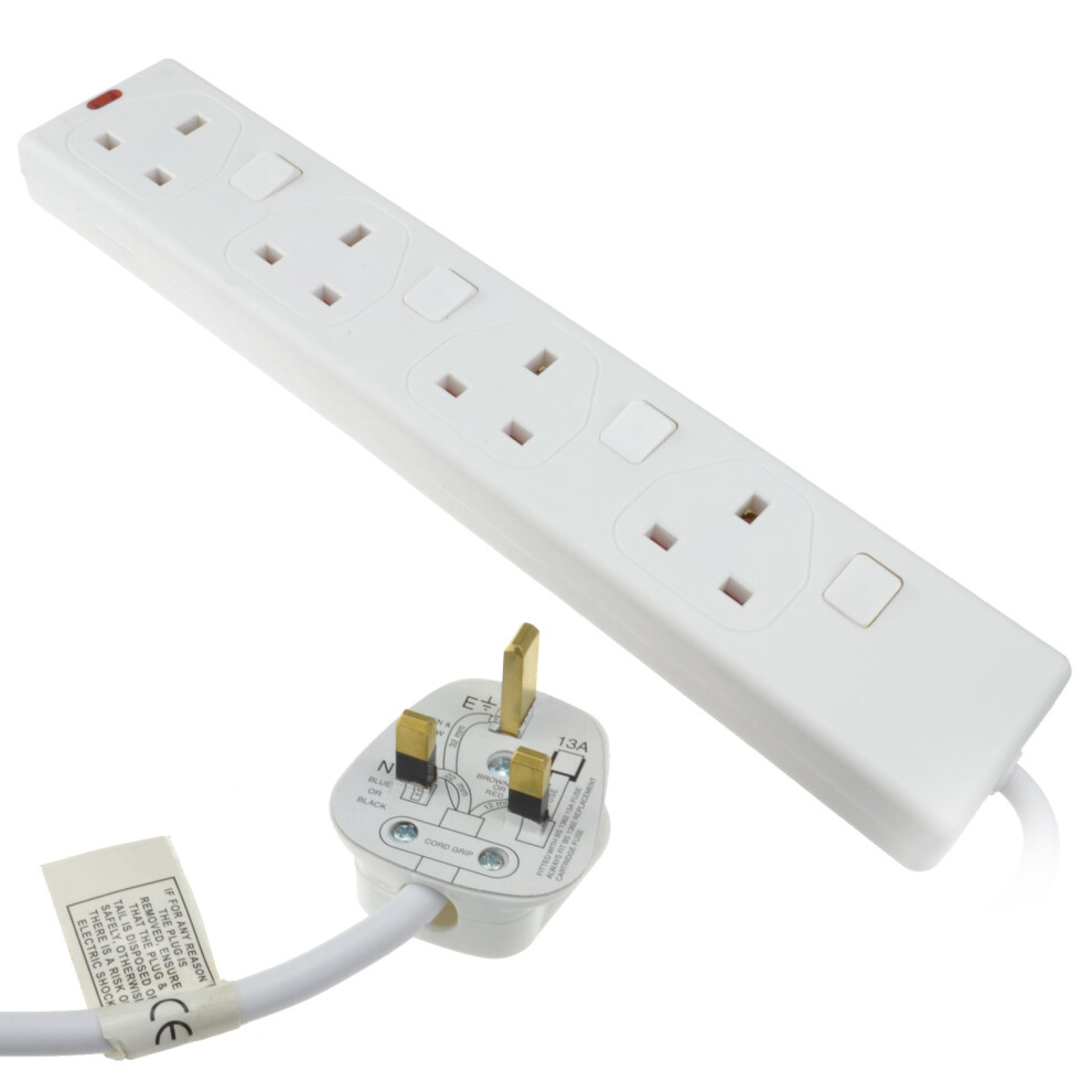 kenable Switched 4 Gang Mains Extension Lead 4 Way UK Power Sockets White  5m