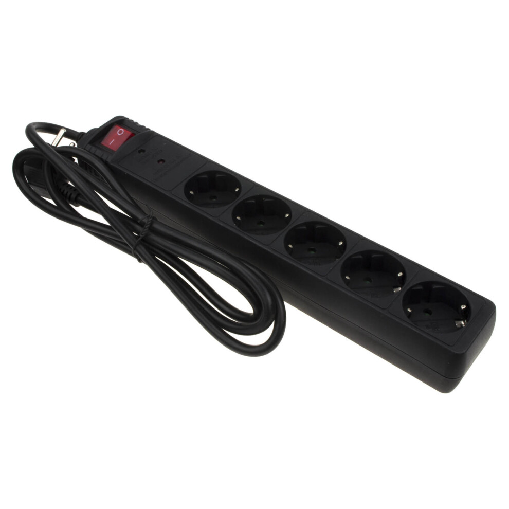 Kenable European 2 Pin 5 Gang Surge Protected Mains Extension Lead Schuko 1.5M Black