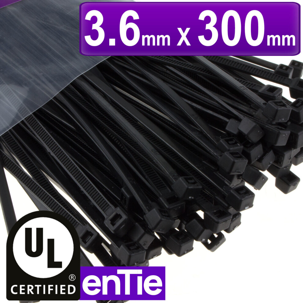 Entie Cable Ties 3.6Mm X 300Mm Nylon 66 Ul Approved [100 Pack] Black