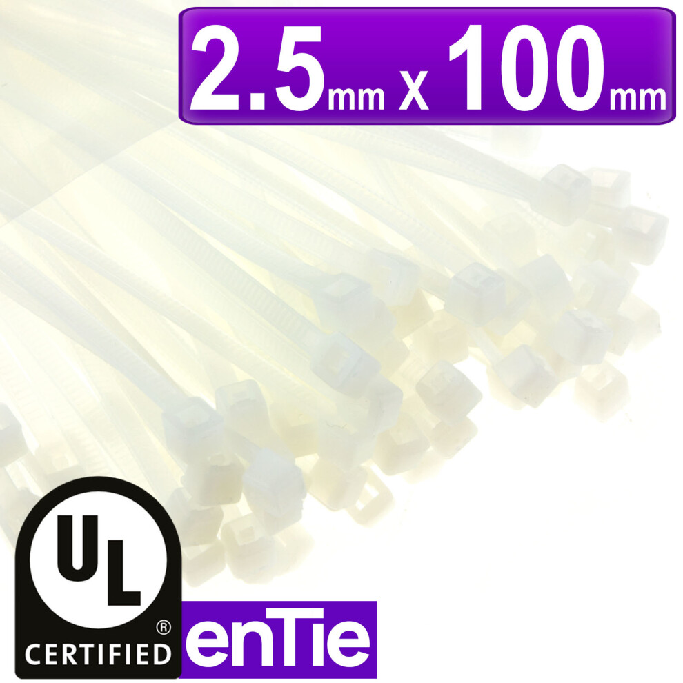 enTie Natural White Cable Ties 2.5mm x 100mm Nylon 66 UL Approved [100 Pack]