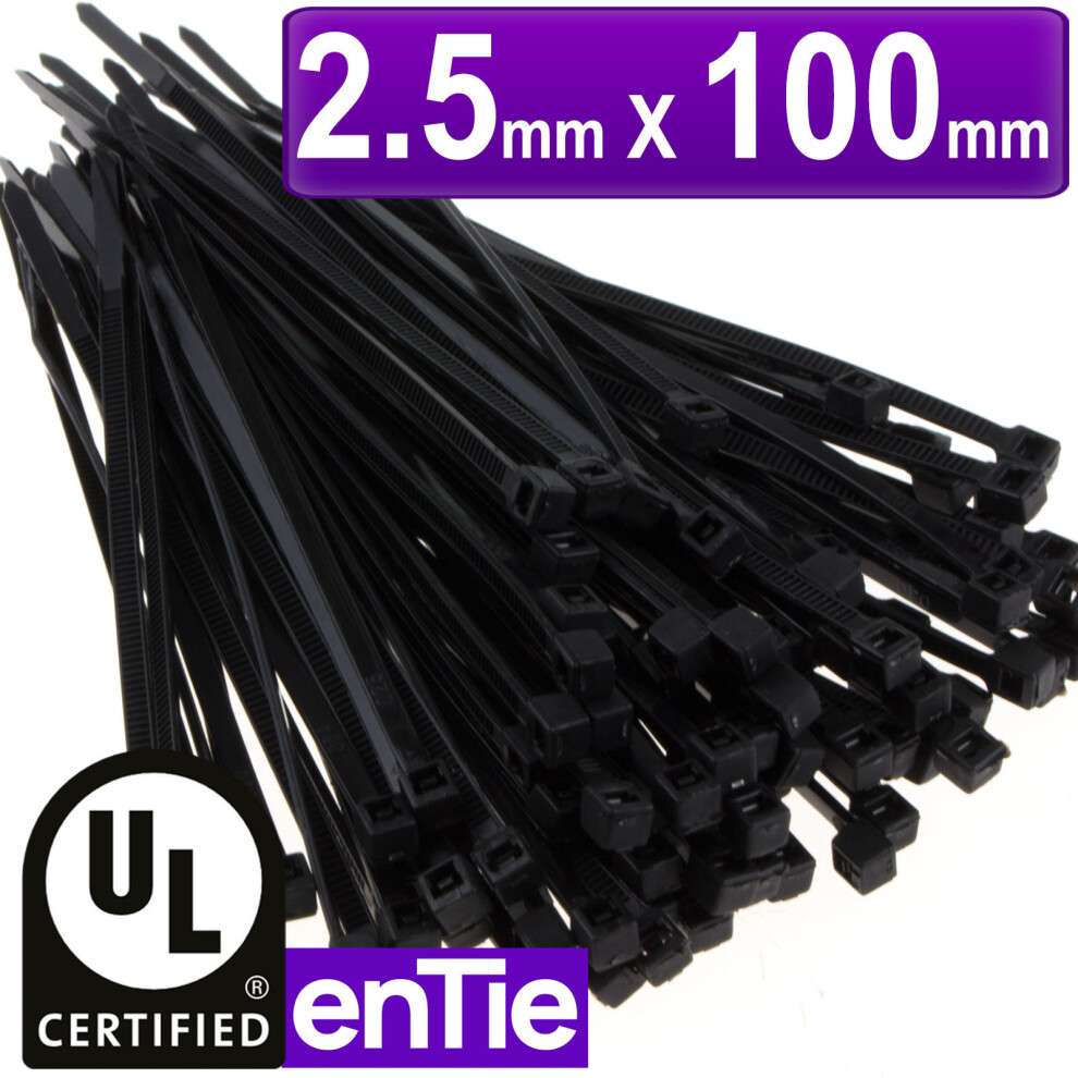 enTie Black Cable Ties 2.5mm x 100mm Nylon 66 UL Approved [100 Pack]