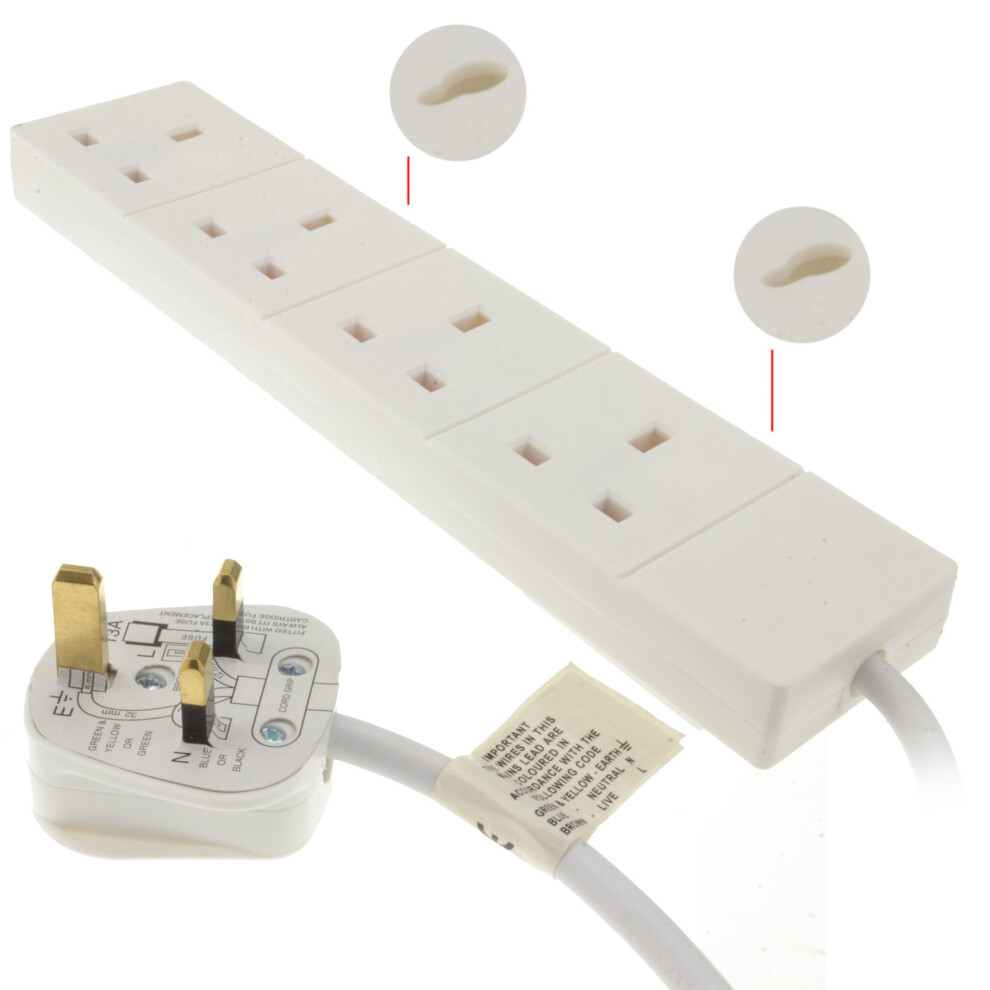 Kenable 4 Gang Way Uk 13A Trailing Socket Mains Power Extension Lead 2M White