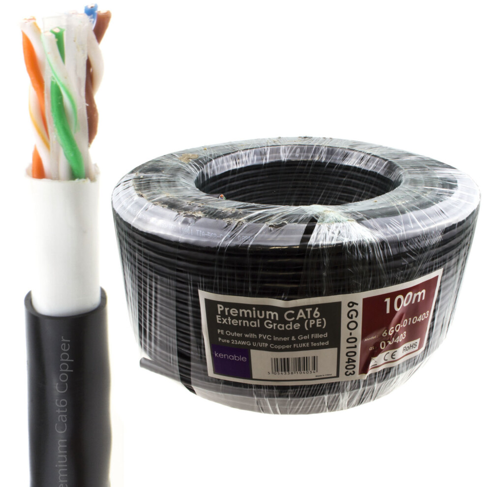 Kenable Direct Burial External Cat6 Outdoor Copper Ethernet Network Cable Reel Gel 100M