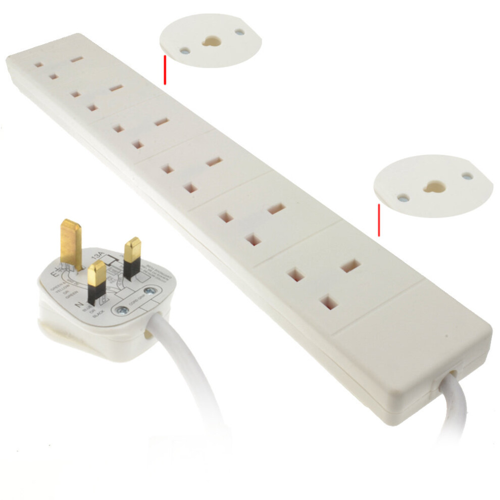Kenable White 6 Gang Way Uk 13A Trailing Socket Mains Power Extension Lead 2M