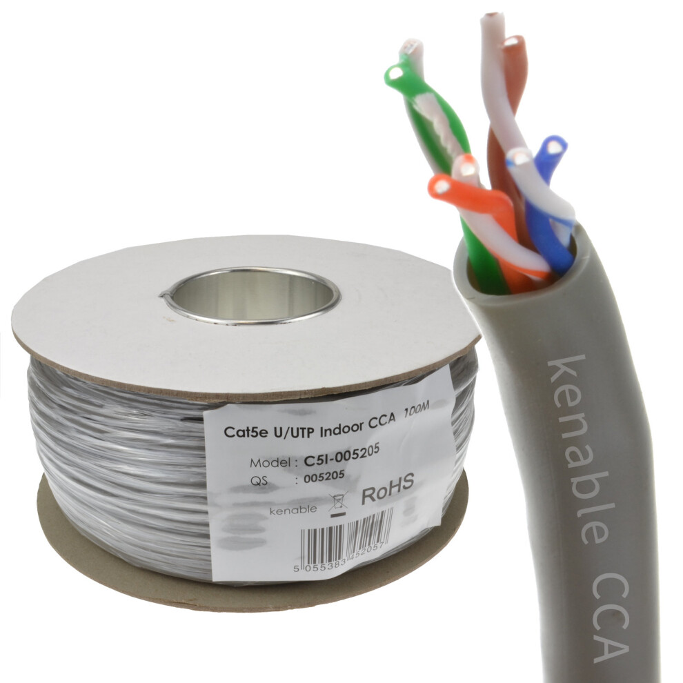 kenable Ethernet UTP CCA Cable Roll Network LAN Solid UTP CAT5e CCA Grey 100m