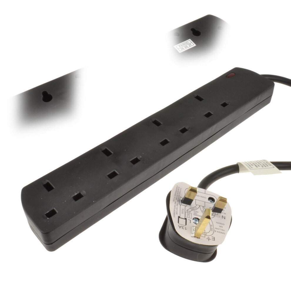 4 Gang Slimline Wall Mountable Uk Mains Extension Power Strip 2M Black 5055383498215