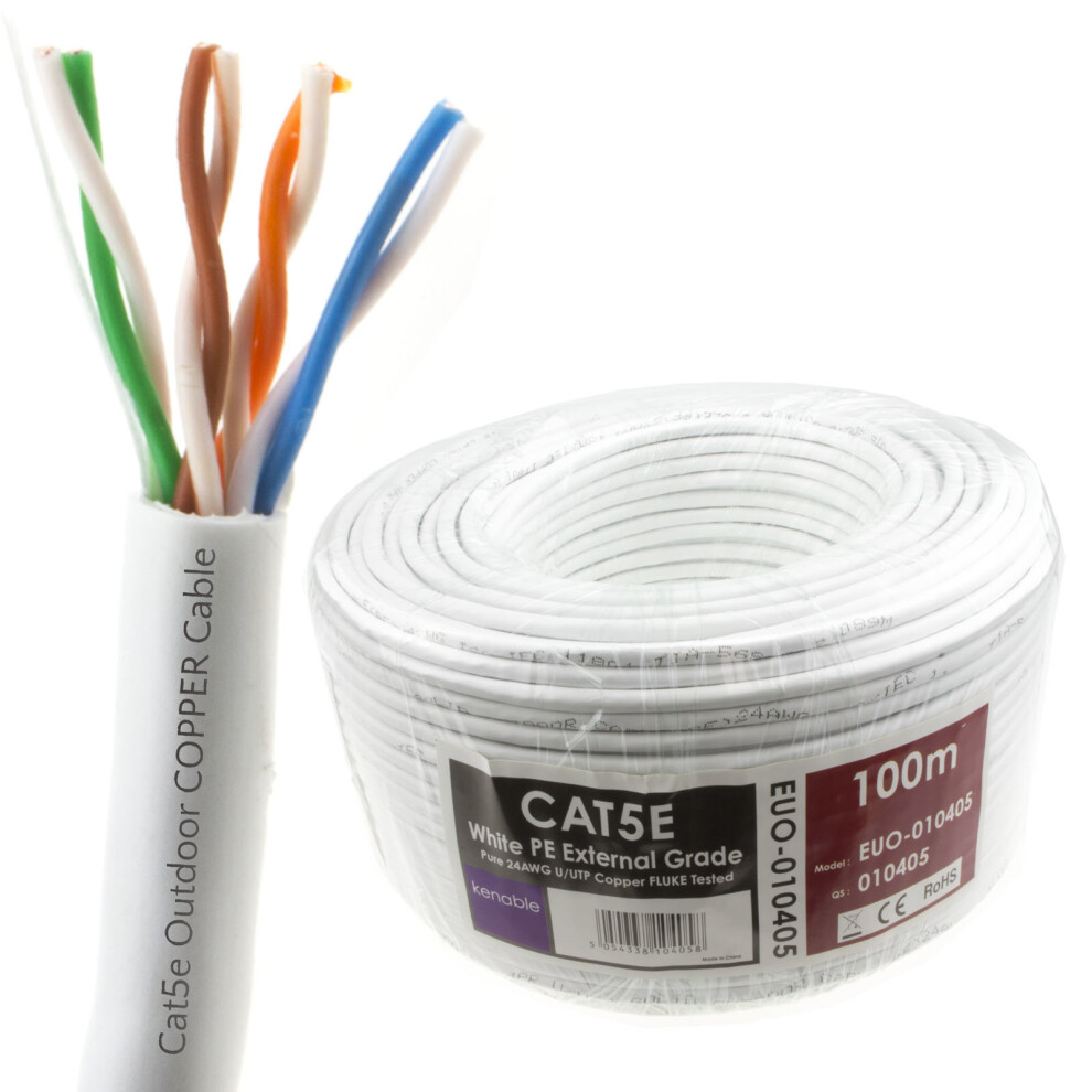 Kenable External Cat5e Outdoor Use Copper Ethernet Network Cable Reel Utp 100M White