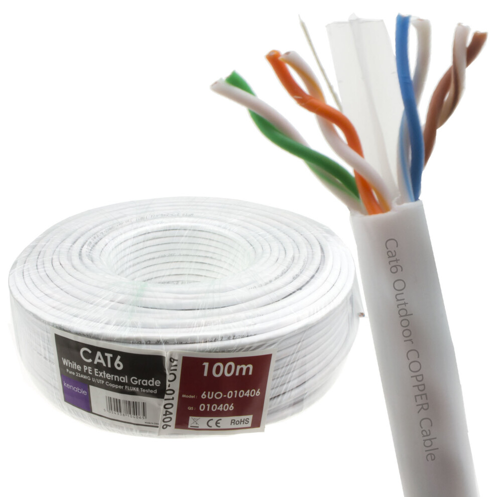 kenable External CAT6 Outdoor Use COPPER Ethernet Network Cable Reel UTP 100m White