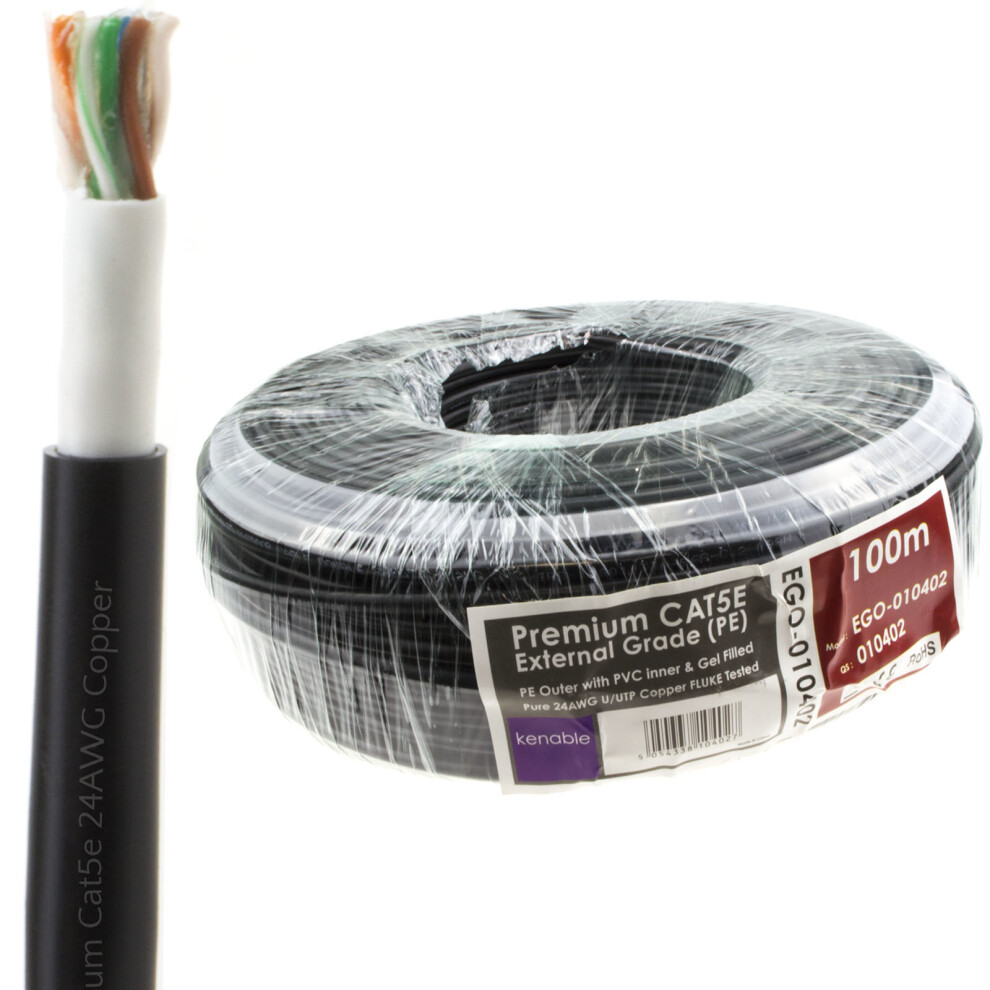 Kenable Direct Burial External Cat5e Outdoor Copper Ethernet Network Cable Reel Gel 100M
