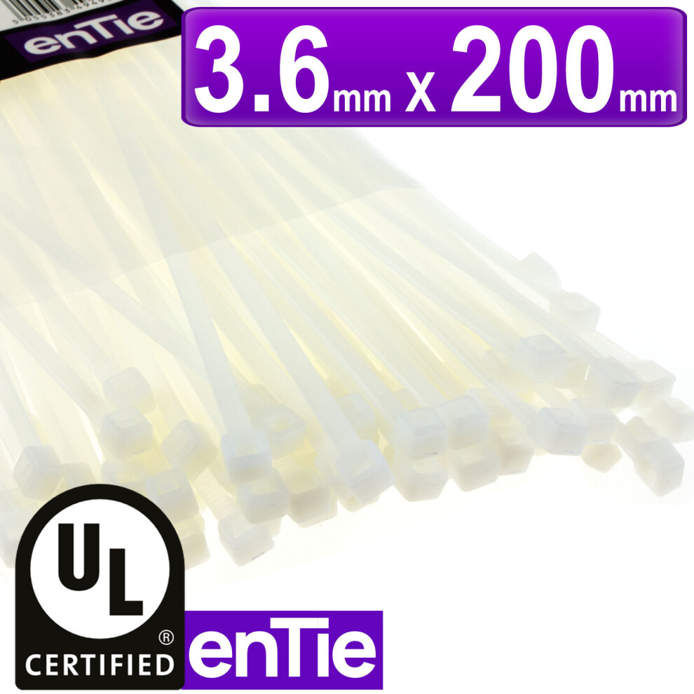 enTie Natural White Cable Ties 3.6mm x 200mm Nylon 66 UL Approved [100 Pack]