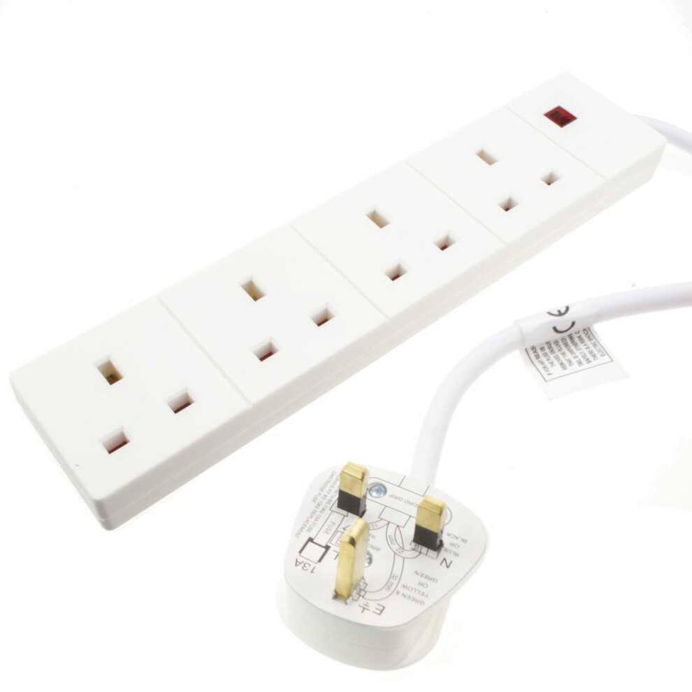 kenable 4 Gang Way UK 13A Trailing Socket Mains Power Extension Lead White with LED  5m