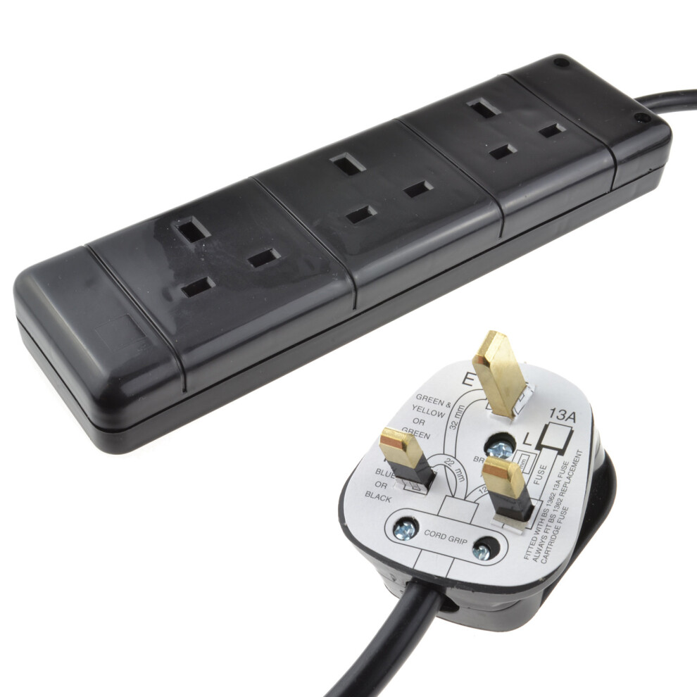 Kenable 3 Gang Way Uk 13A Trailing Socket Mains Power Extension Lead 5M Black