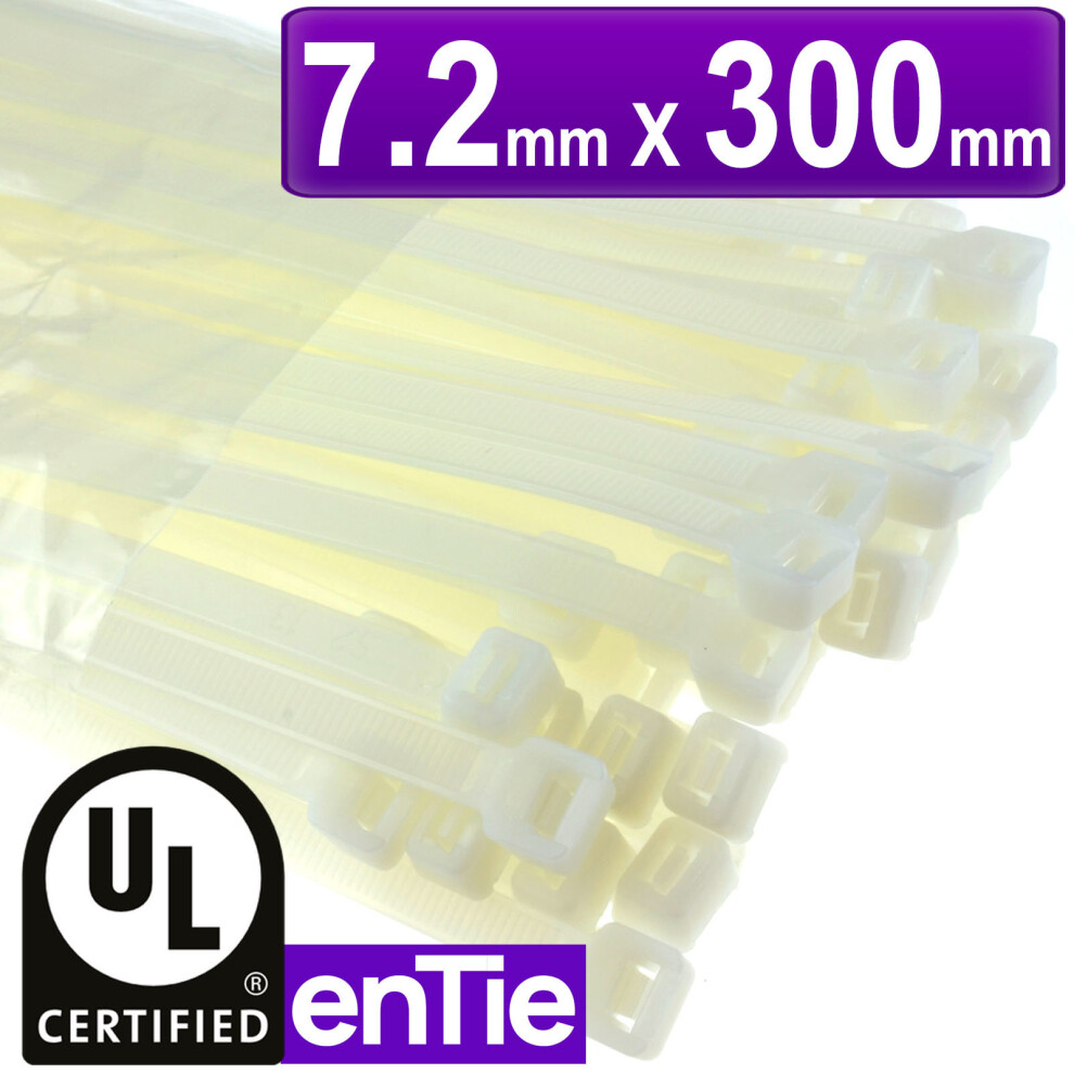 enTie Natural White Cable Ties 7.2mm x 300mm Nylon 66 UL Approved [100 Pack]