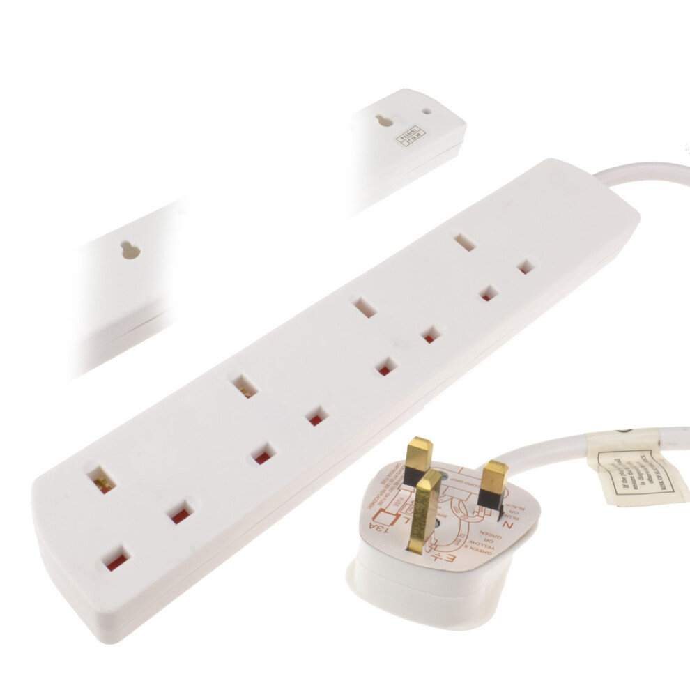 4 Gang SLIMLINE Wall Mountable UK Mains Extension Power Strip 5m White