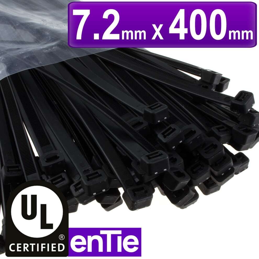 enTie Black Cable Ties 7.2mm x 400mm Nylon 66 UL Approved [100 Pack]