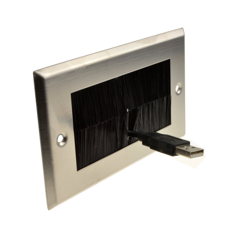 STEEL Cable Entry Exit BRUSH Faceplate for Wall Outlet UK Double Gang