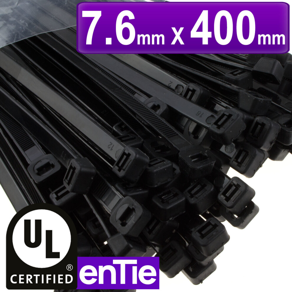 enTie Black Cable Ties 7.6mm x 400mm Nylon 66 UL Approved [100 Pack]