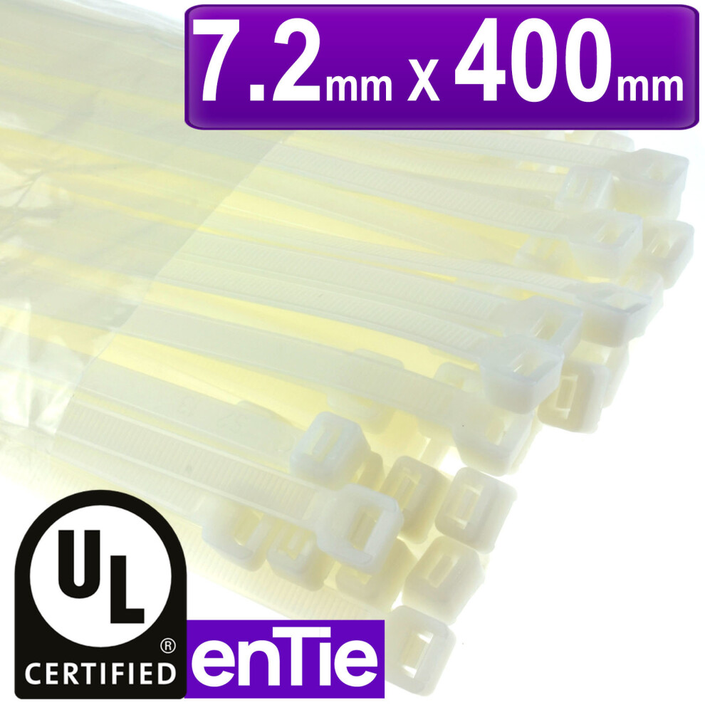 enTie Natural White Cable Ties 7.2mm x 400mm Nylon 66 UL Approved [100 Pack]