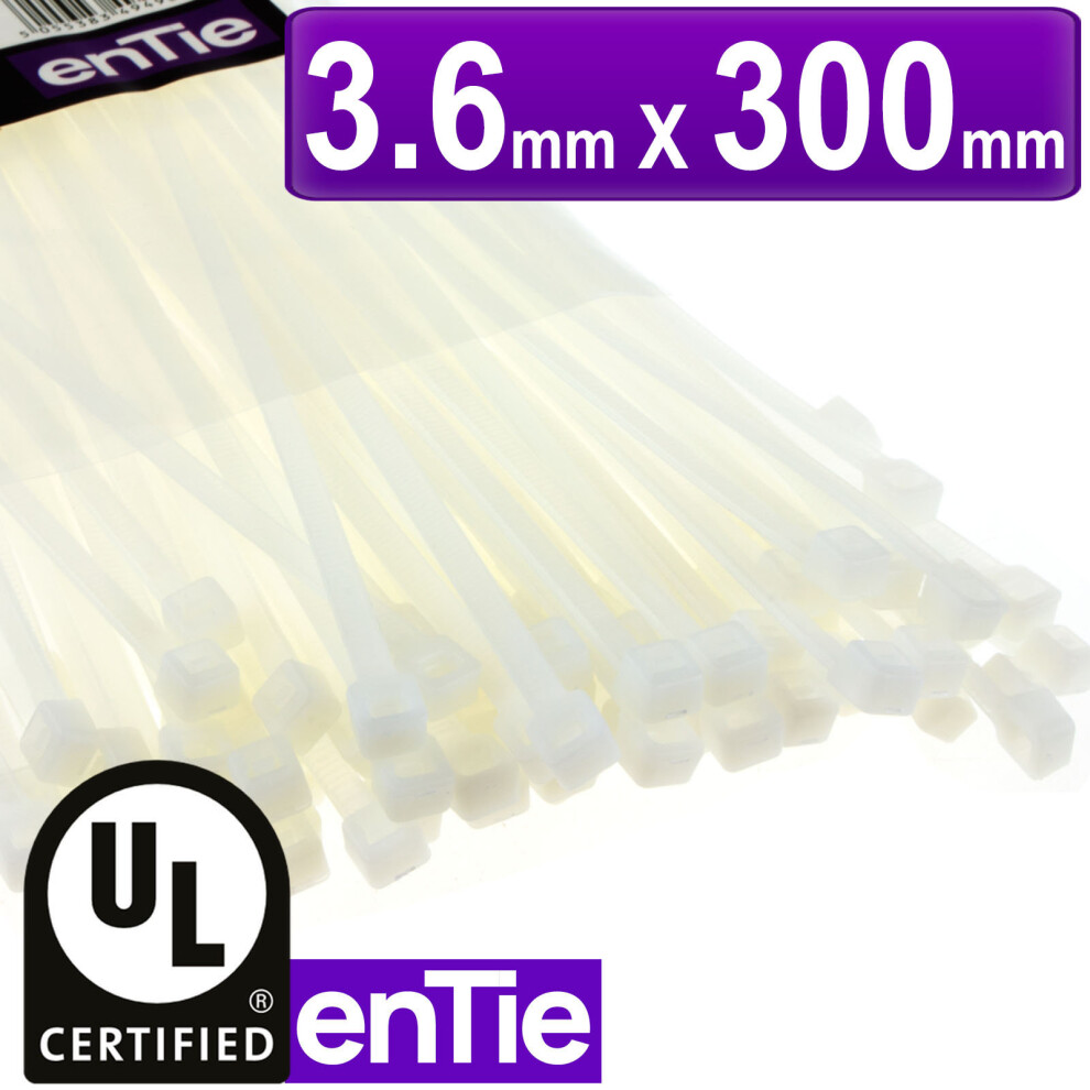 enTie Natural White Cable Ties 3.6mm x 300mm Nylon 66 UL Approved [100 Pack]