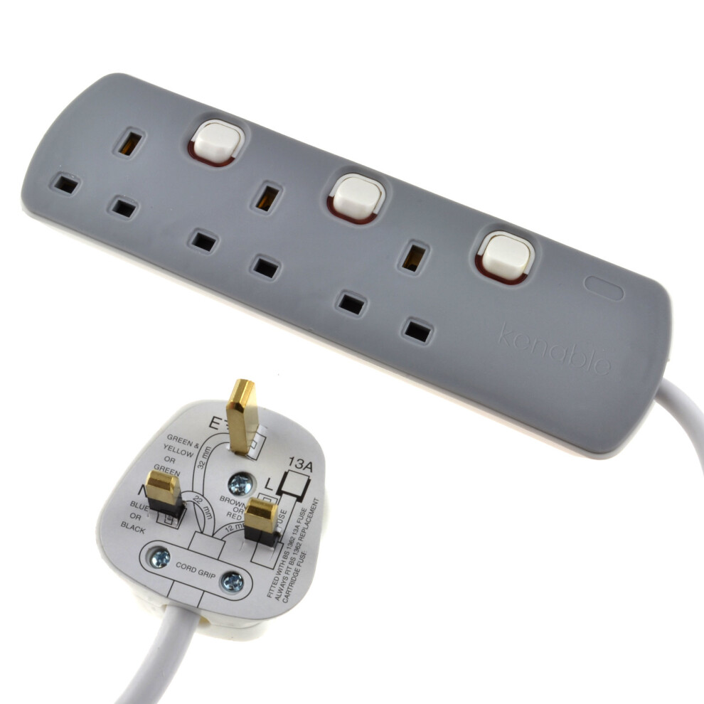 Kenable 3 Gang Mains Extension Lead 3 Way Uk Power Sockets Switched 5M
