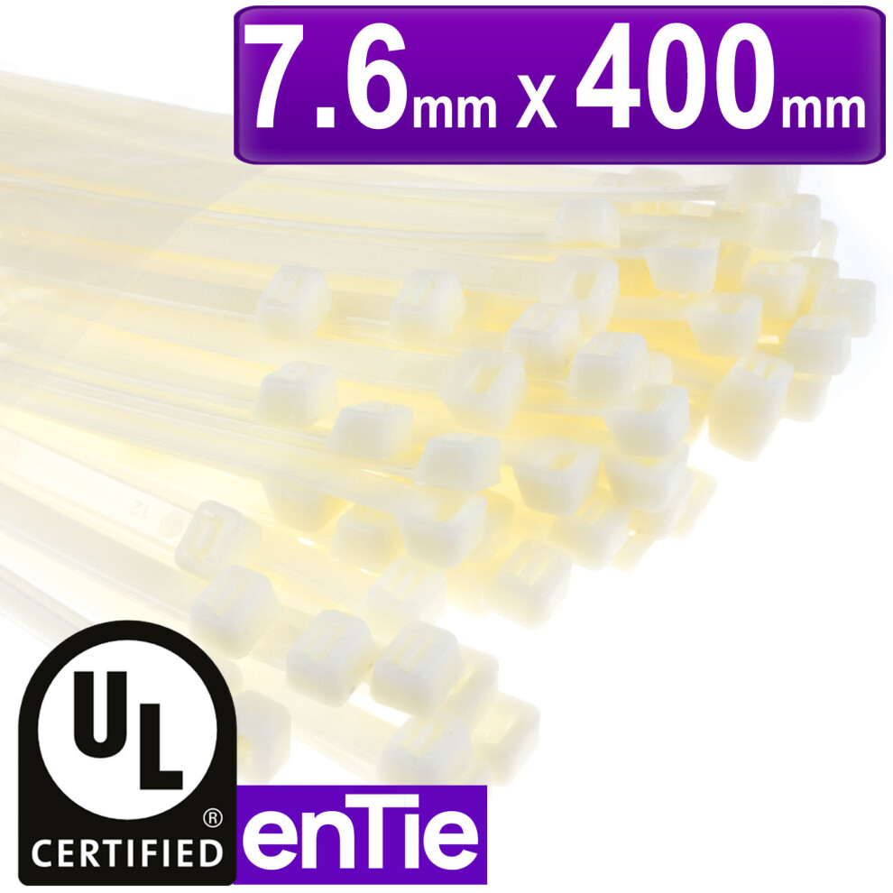 enTie Natural White Cable Ties 7.6mm x 400mm Nylon 66 UL Approved [100 Pack]