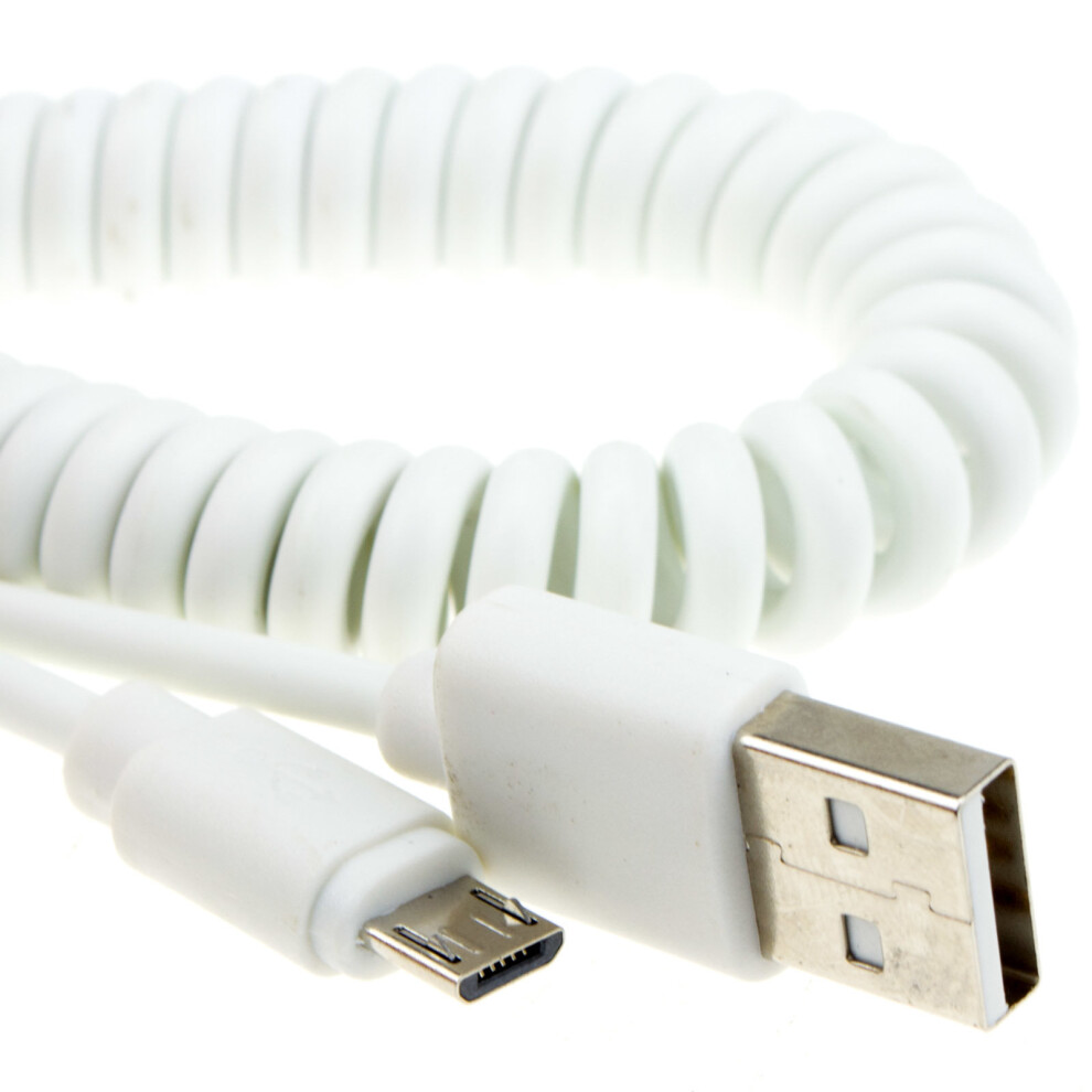 Kenable White Coiled Shielded Usb A To Micro B Data And Charging Cable 1.8M Size 2.0