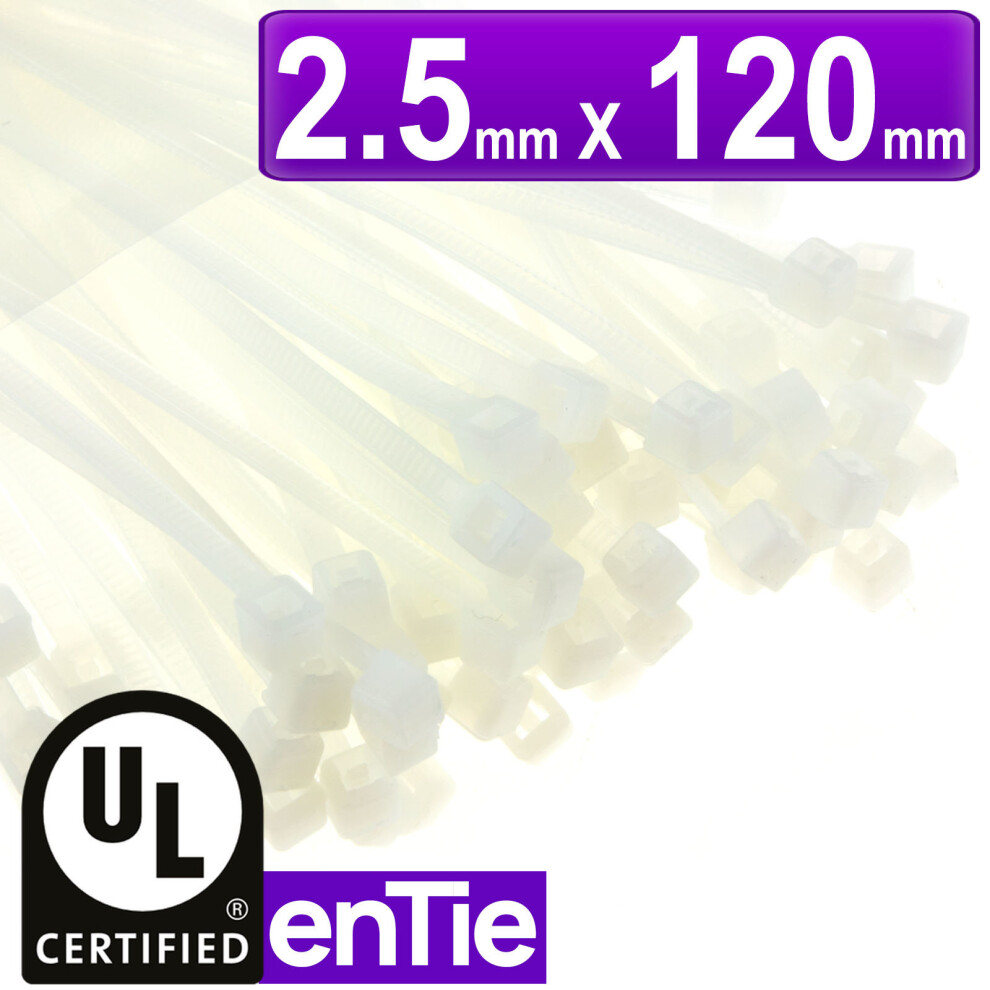 enTie Natural White Cable Ties 2.5mm x 120mm Nylon 66 UL Approved [100 Pack]