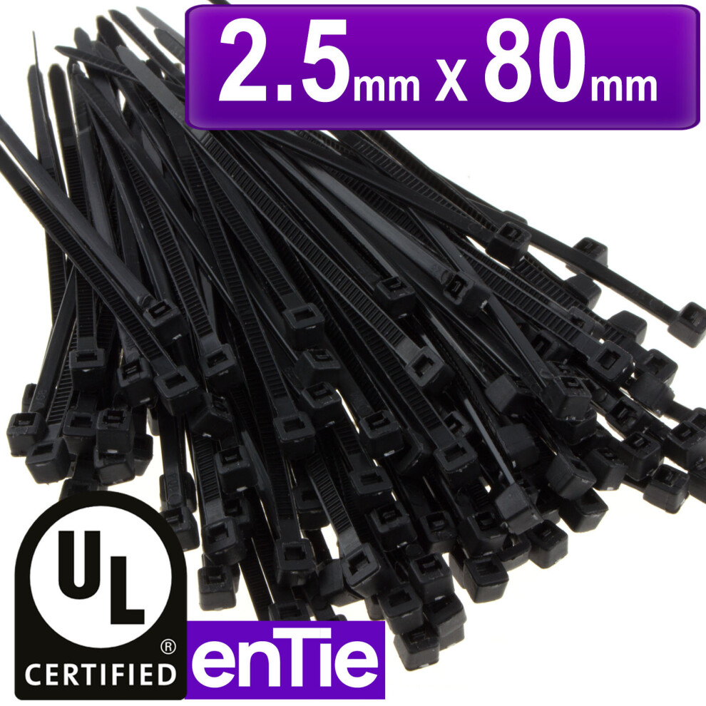 enTie Black Cable Ties 2.5mm x  80mm Nylon 66 UL Approved [100 Pack]