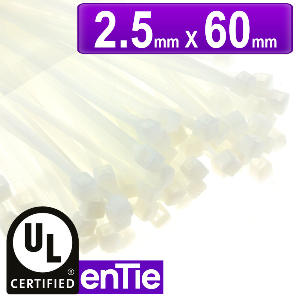 Entie Natural White Cable Ties 2.5Mm X 60Mm Nylon 66 Ul Approved [100 Pack] 5054338101545