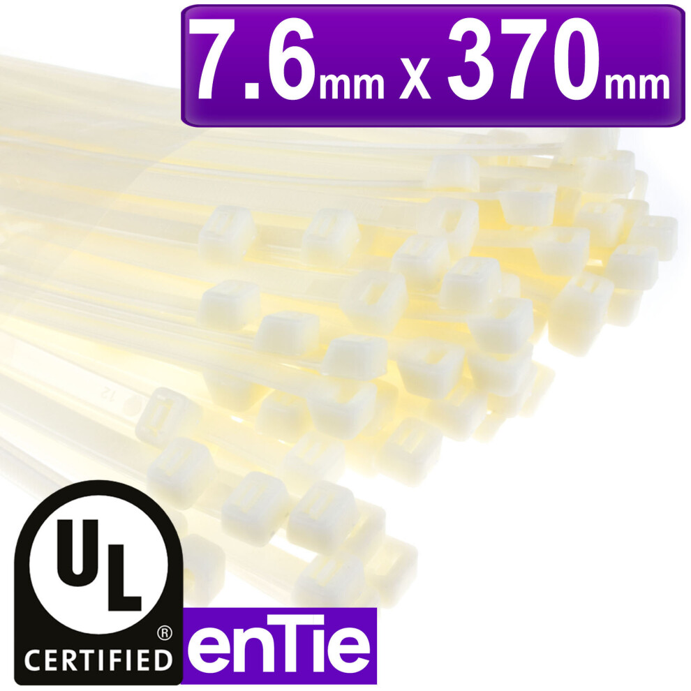 enTie Natural White Cable Ties 7.6mm x 370mm Nylon 66 UL Approved [100 Pack]