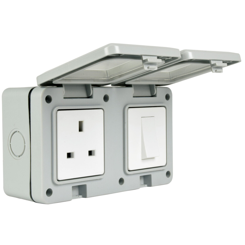 Kenable Double Gang Fully Weatherproof Switch & 3 Pin Uk Power Socket Outdoor Ip55 White