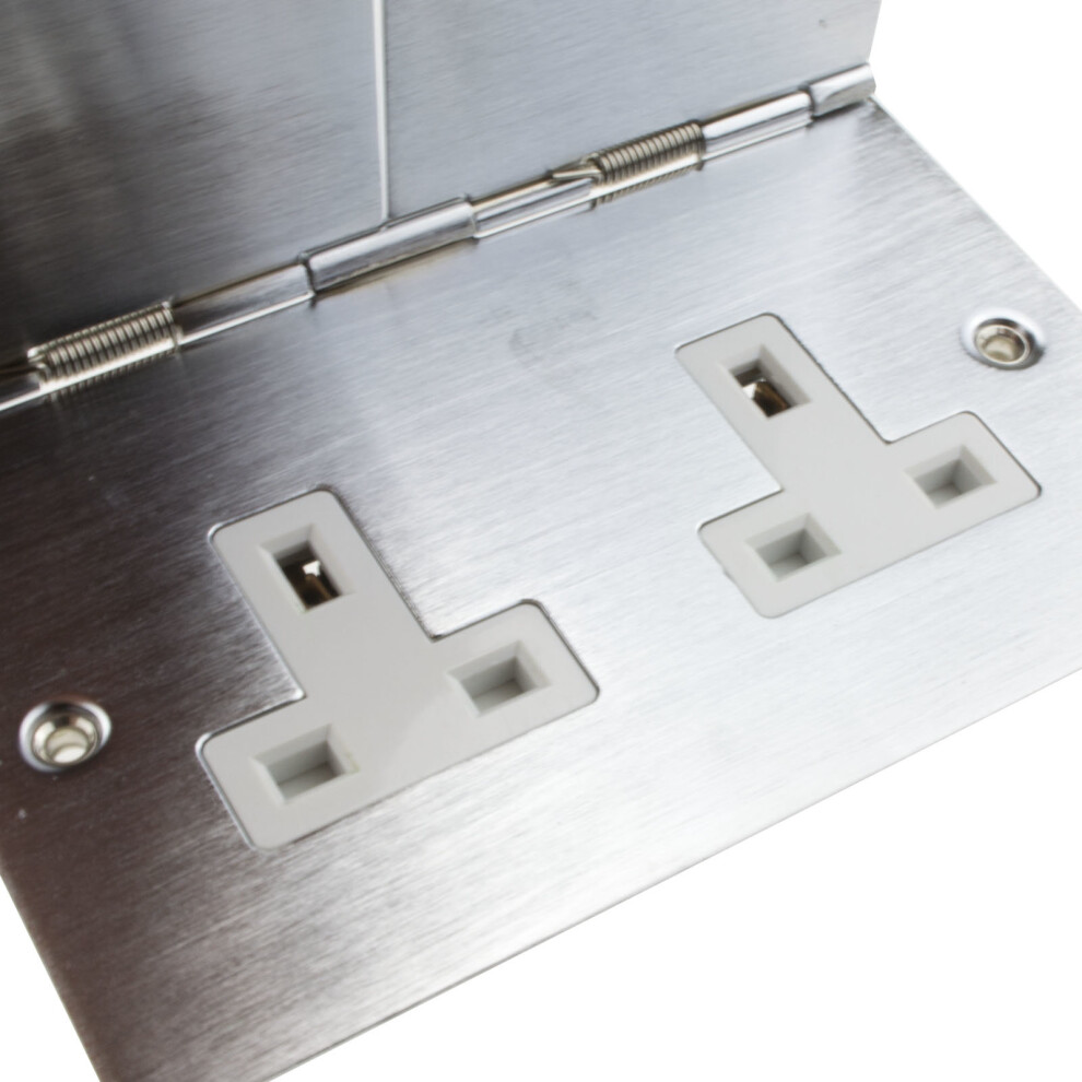 kenable 13A Hinged Double Gang Mains Power 240V Outlet Socket Brushed Stainless Steel