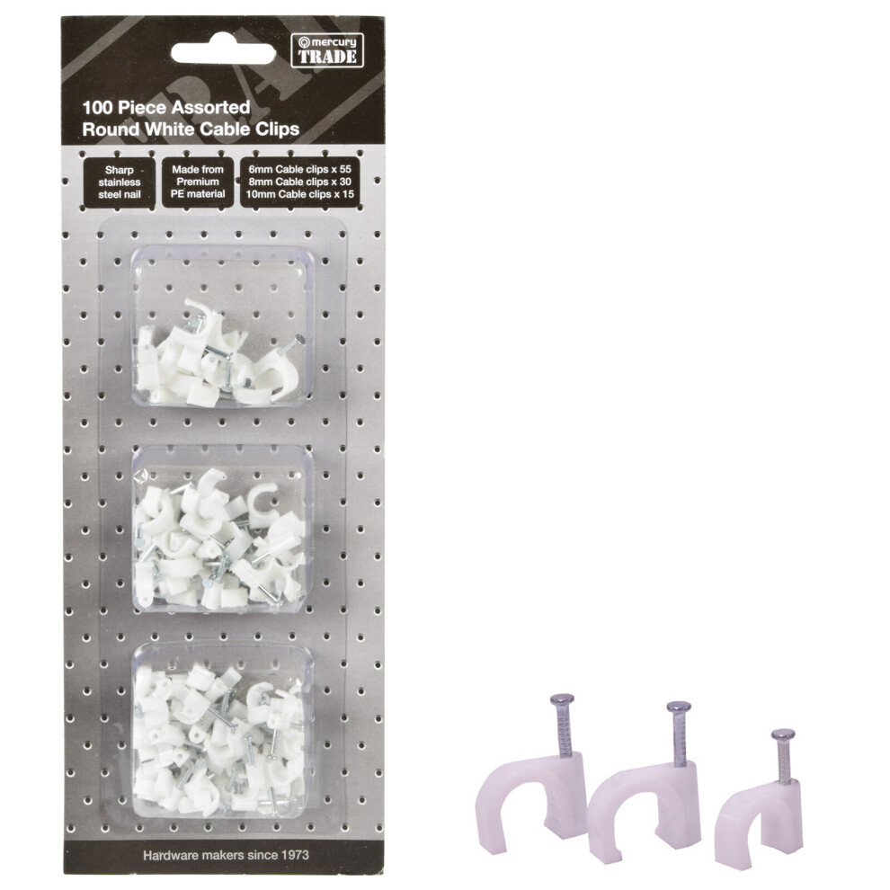 White 100 Piece Assorted Round Cable Clips 6mm   8mm   10mm