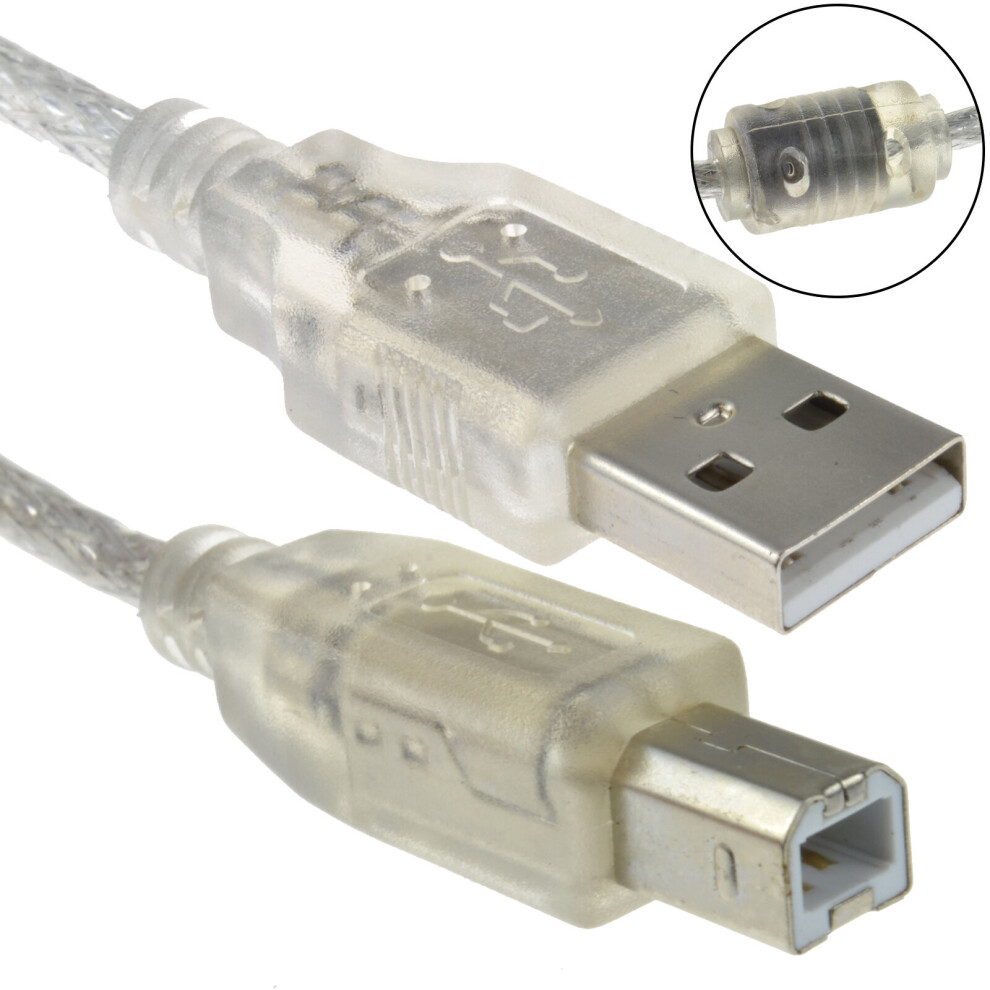 kenable CLEAR USB 2.0 Hi Speed A to B Cable Lead For Printers 24AWG Ferrite 1m