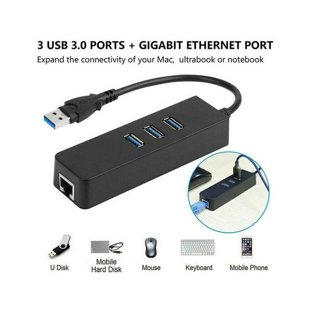 3 Port Usb Hub 3.0 Gigabit Ethernet Lan Rj45 Network Adapter Hubs To 1000Mbps Pc Black 762540126564