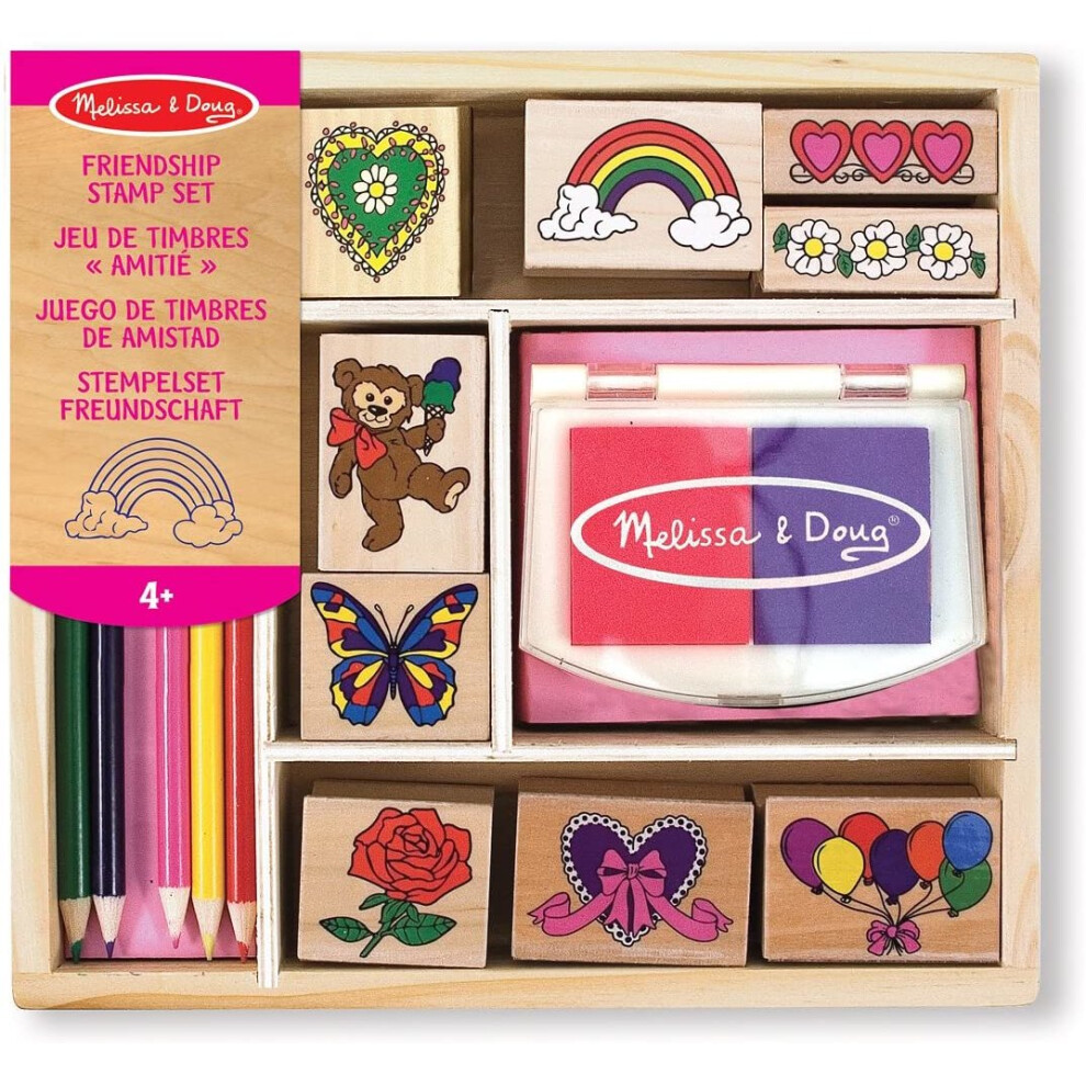 Melissa & Doug Wooden Stamp Set: Friendship (9 Stamps, 5 Colored Pencils, and 2-Color Stamp Pad)