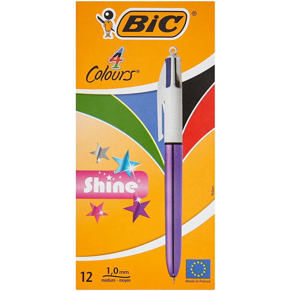 Bic 4 Colours Shine Ballpoint Pens - Metallic Body, Box Of 12 Purple