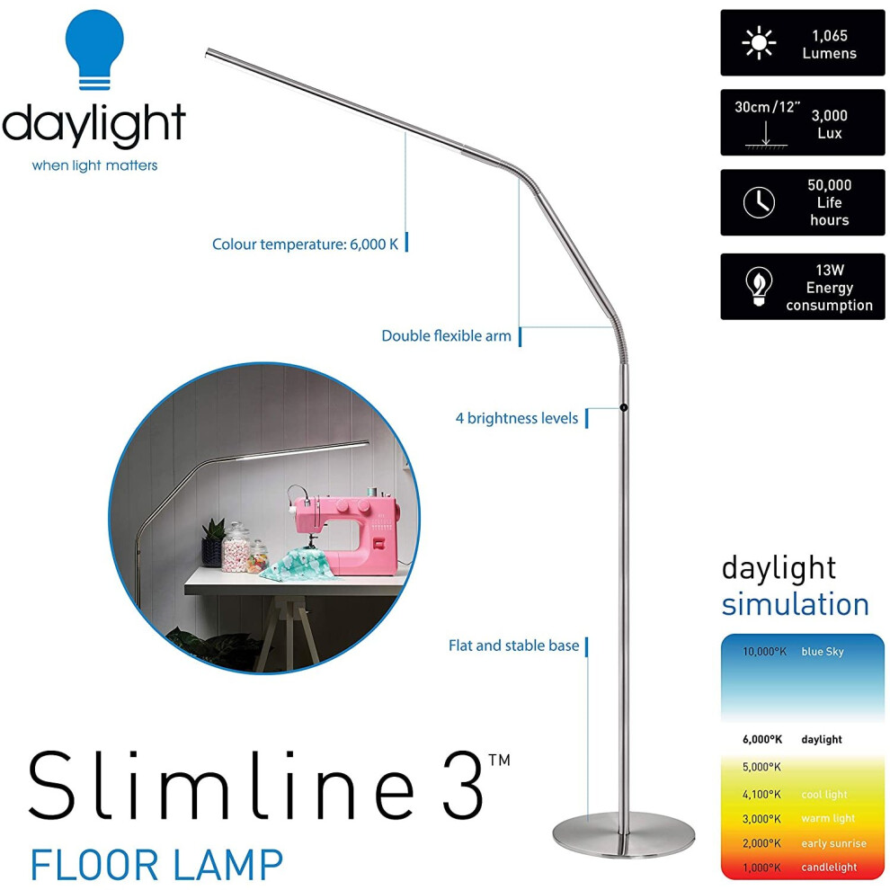 Daylight Company Slimline 3 Floor Lamp, Brushed Steel, Variable