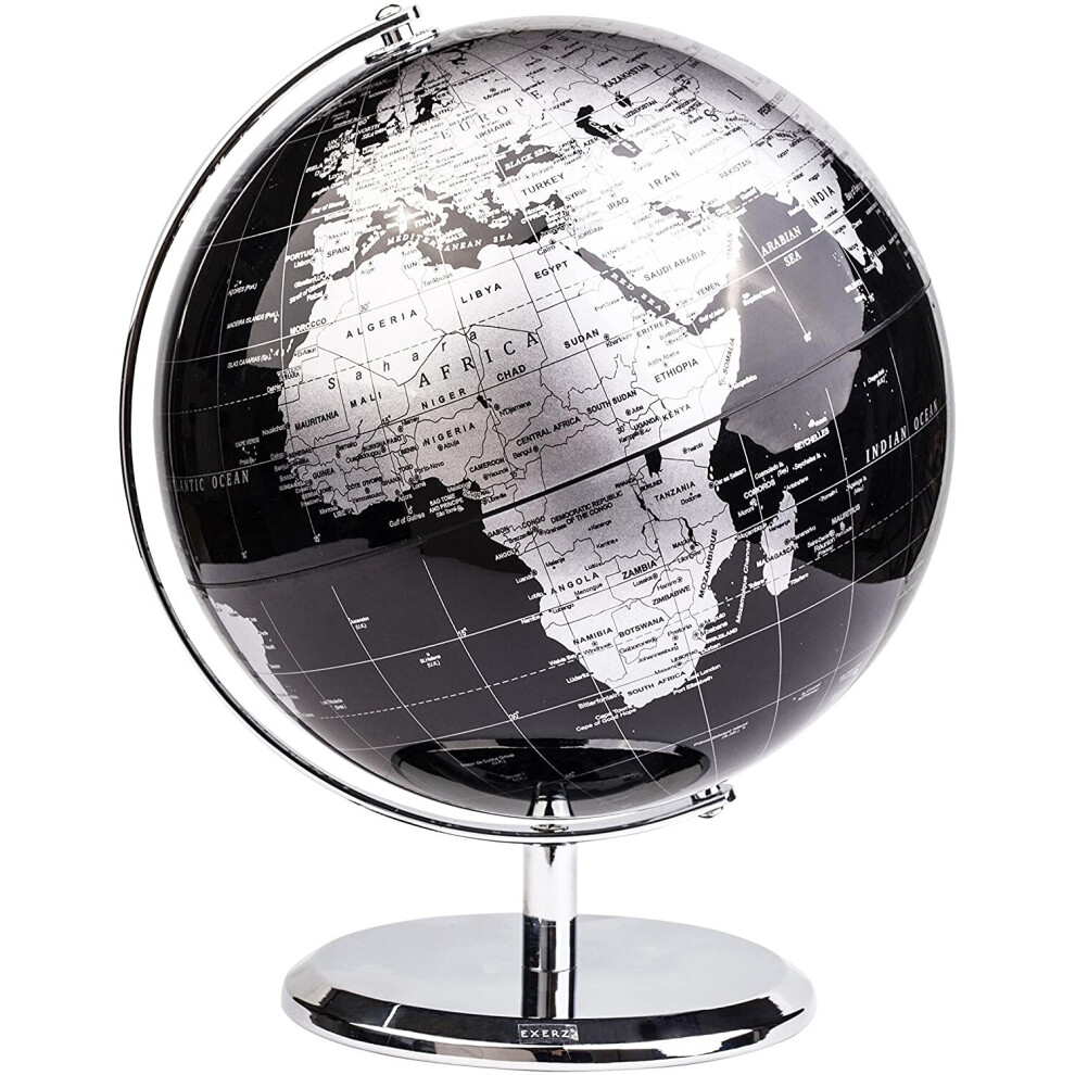 Exerz World Globe (Dia 20Cm)  Educational/Geographic/Modern Desktop Decoration - With A Metal Base - Metallic (Diametre 20Cm) Black