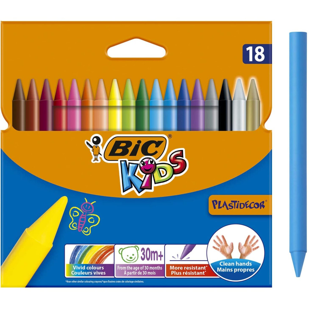 BIC Kids Plastidecor Colouring Crayons - Assorted Colours, Cardboard Wallet of 18