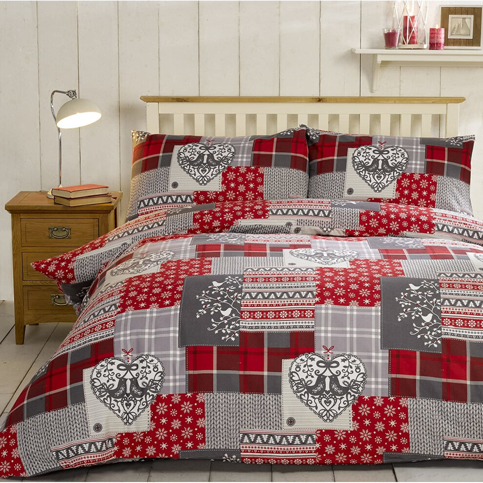 Alpine Patchwork 100% Brushed Cotton Flannelette Heart Quilt Duvet Cover and 2 Pillowcase Bedding Bed Set, Red/Multi-Colour, Double